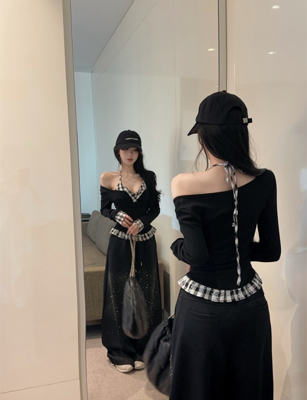 Halter retro splice plaid spring tops 2pcs set for women