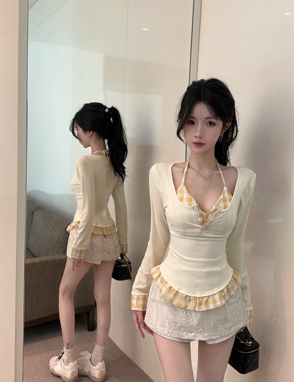 Halter retro splice plaid spring tops 2pcs set for women