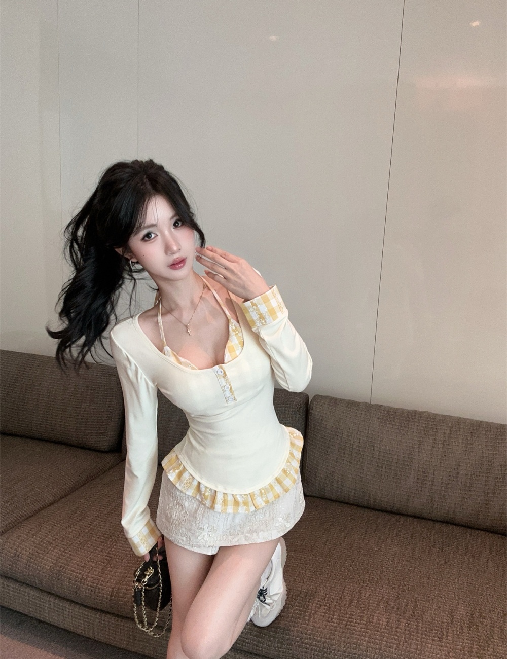 Halter retro splice plaid spring tops 2pcs set for women