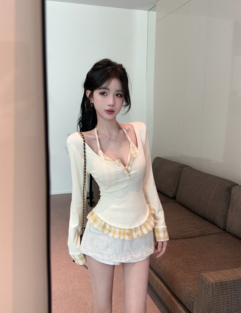 Halter retro splice plaid spring tops 2pcs set for women