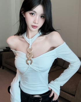 Halter metal ring tops fashion long sleeve T-shirt