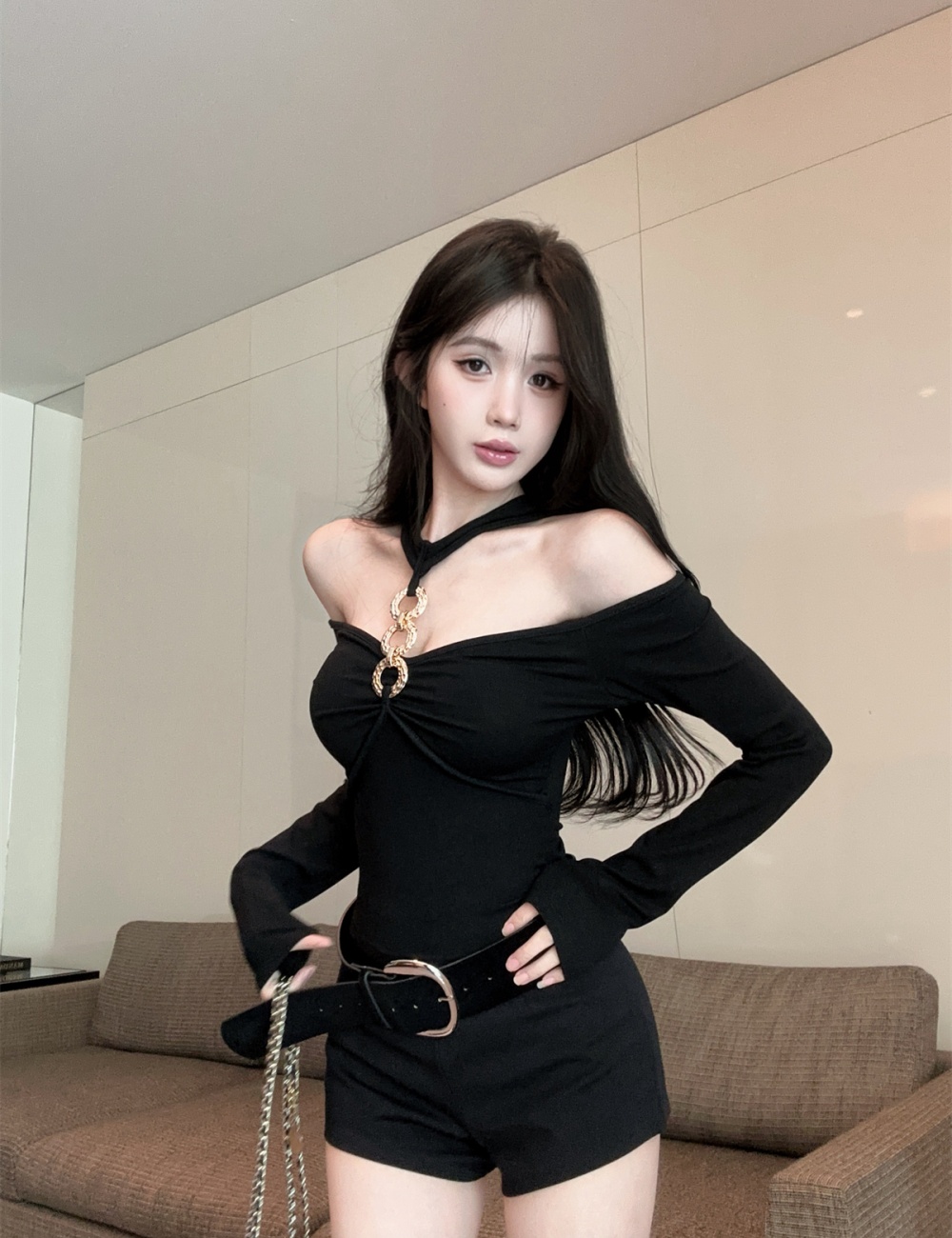 Halter metal ring tops fashion long sleeve T-shirt