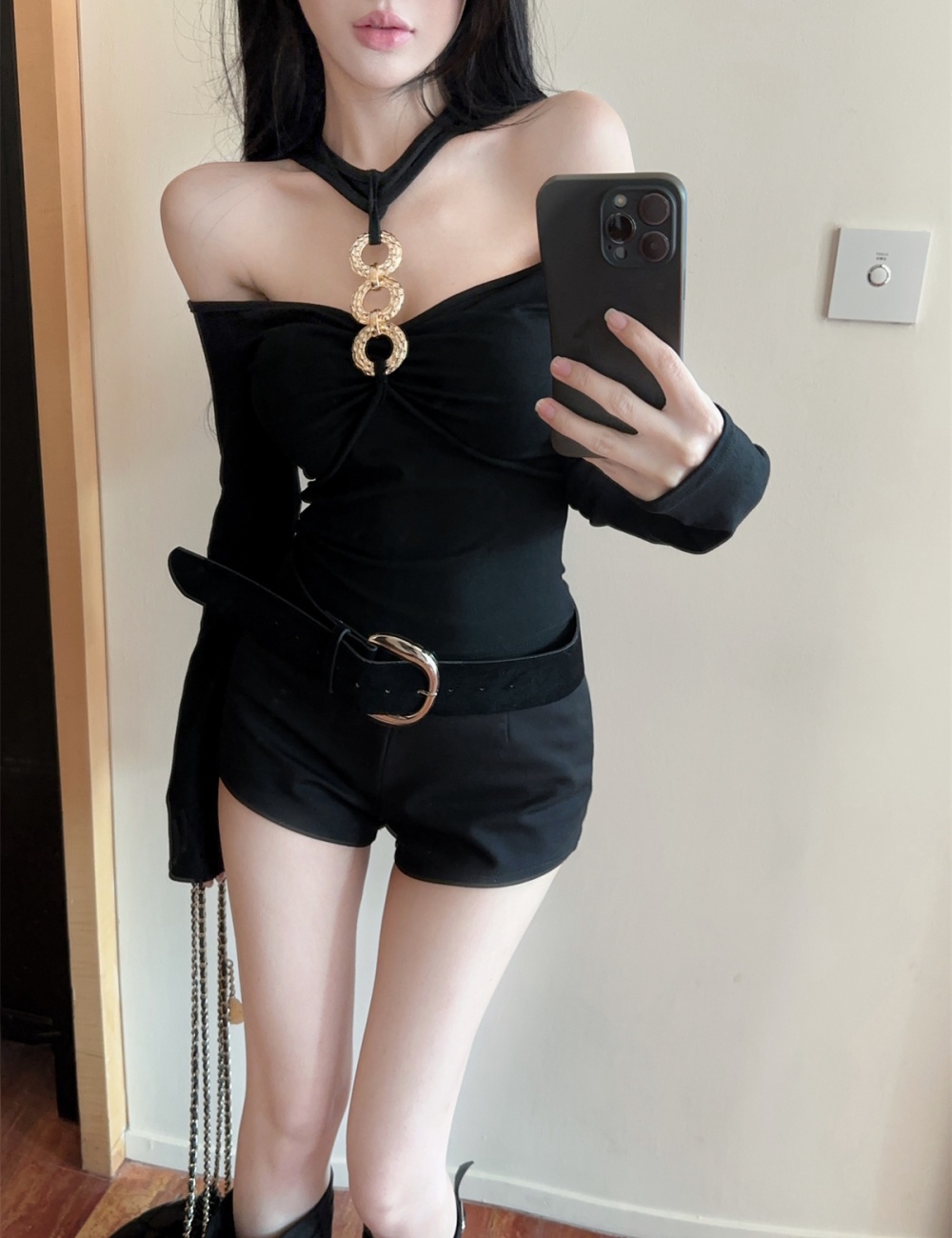 Halter metal ring tops fashion long sleeve T-shirt