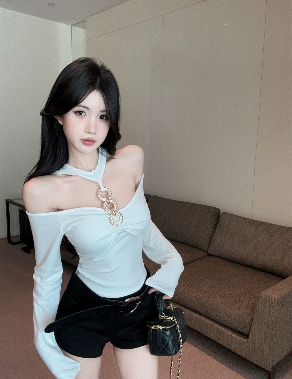 Halter metal ring tops fashion long sleeve T-shirt