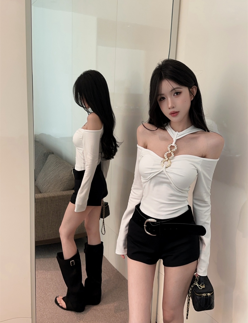 Halter metal ring tops fashion long sleeve T-shirt