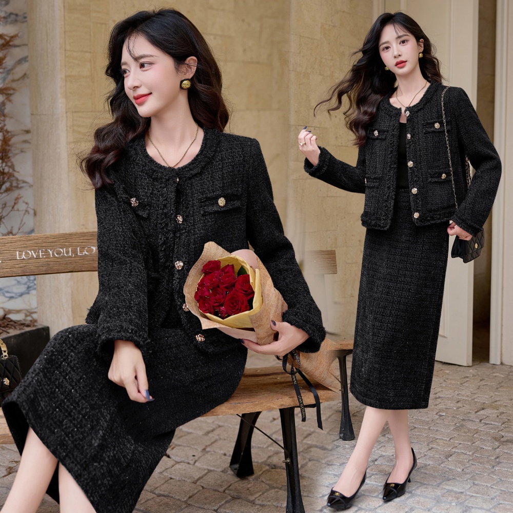 Autumn and winter long skirt chanelstyle coat a set