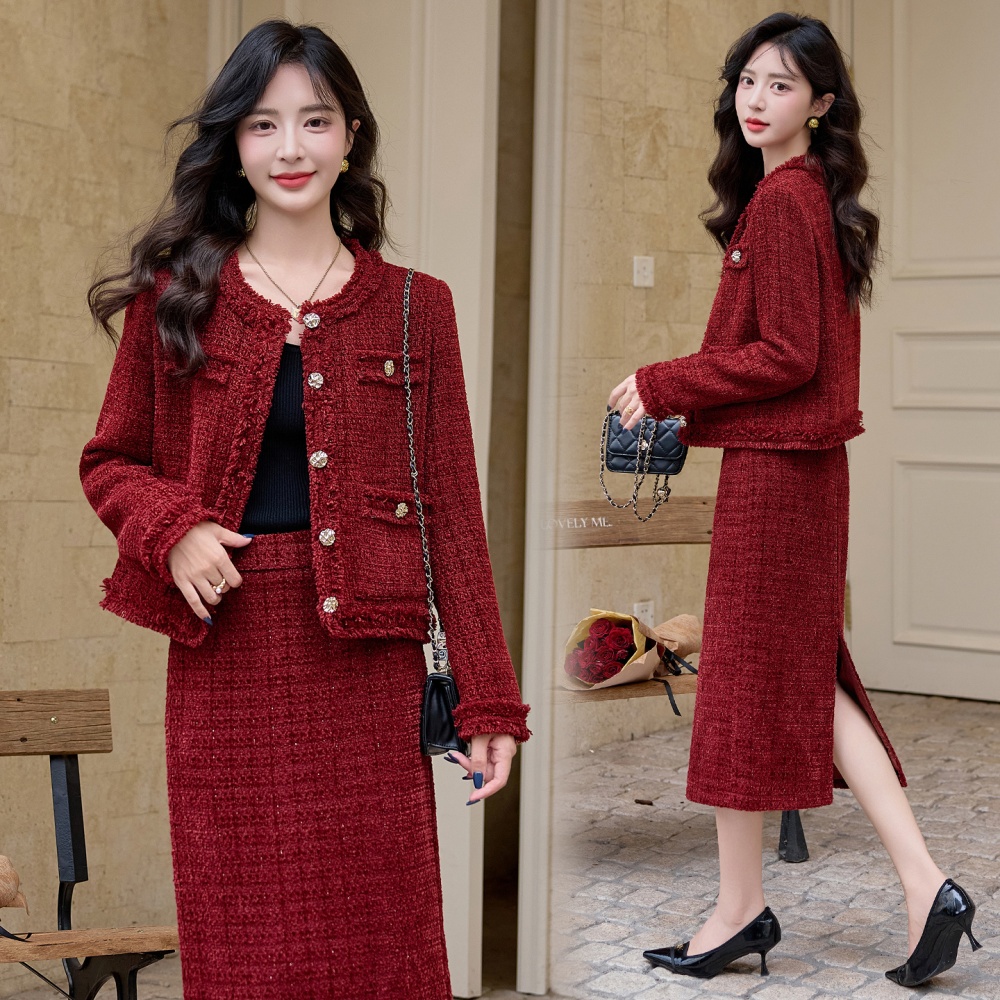 Autumn and winter long skirt chanelstyle coat a set