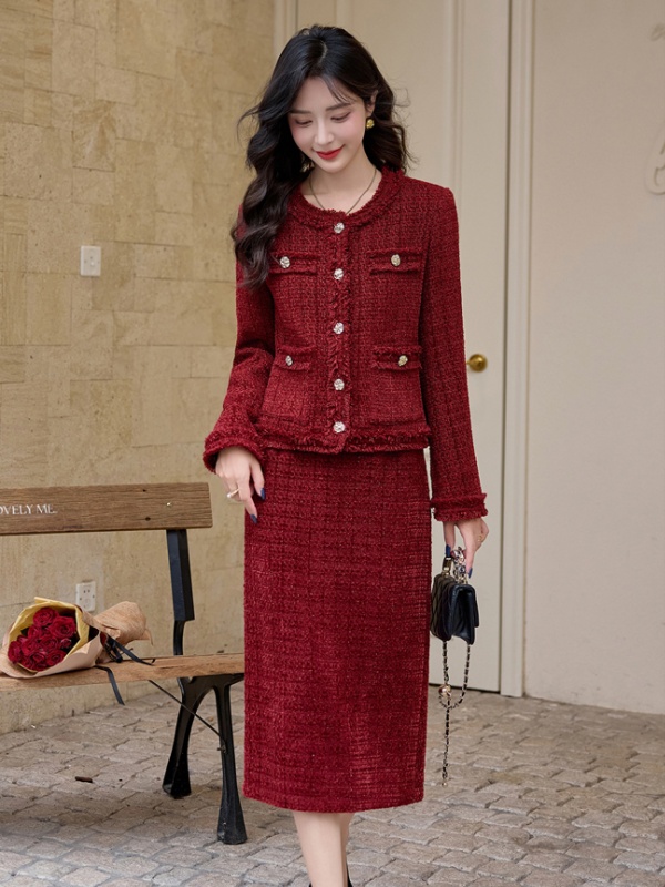 Autumn and winter long skirt chanelstyle coat a set