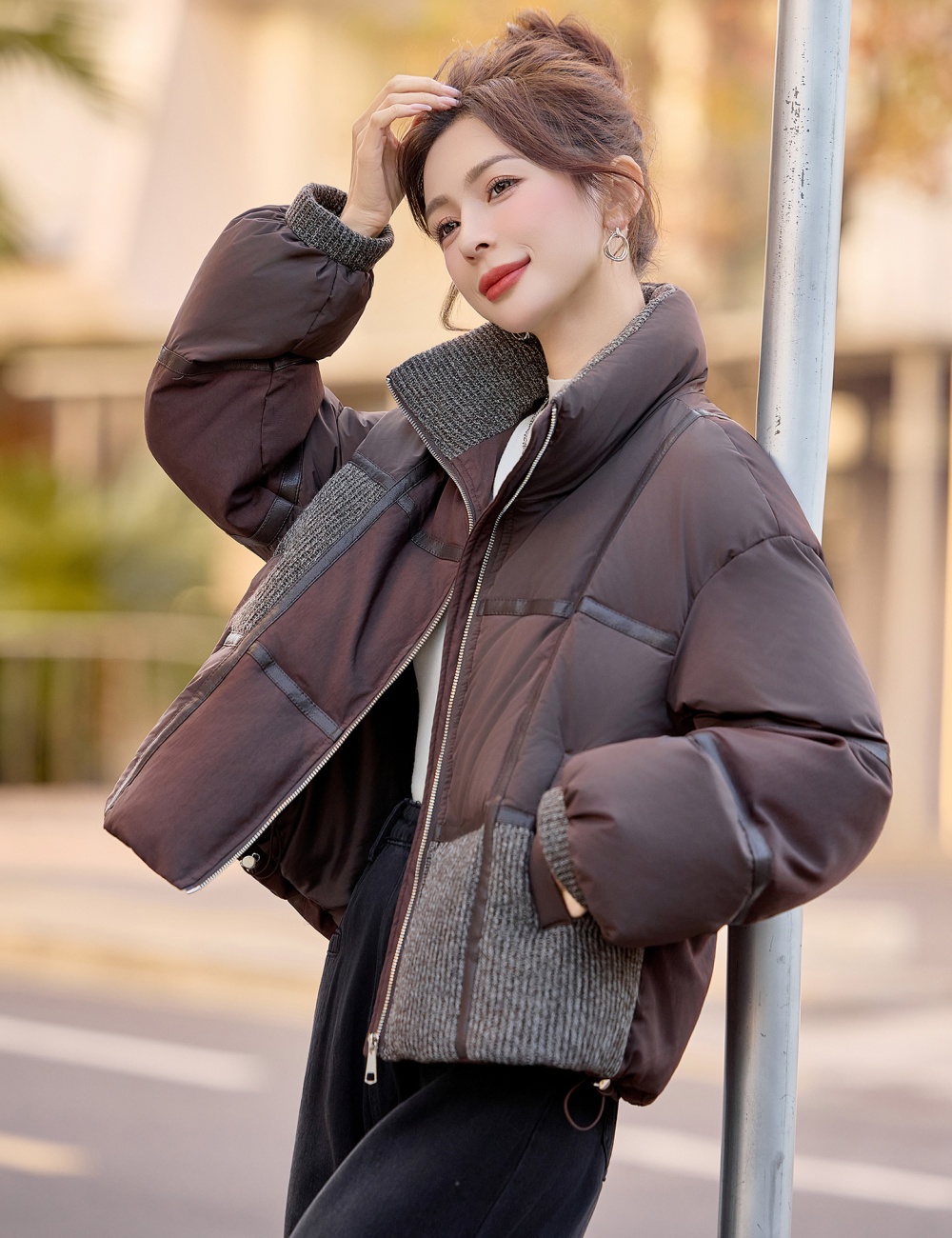 Short mixed colors coat splice down coat