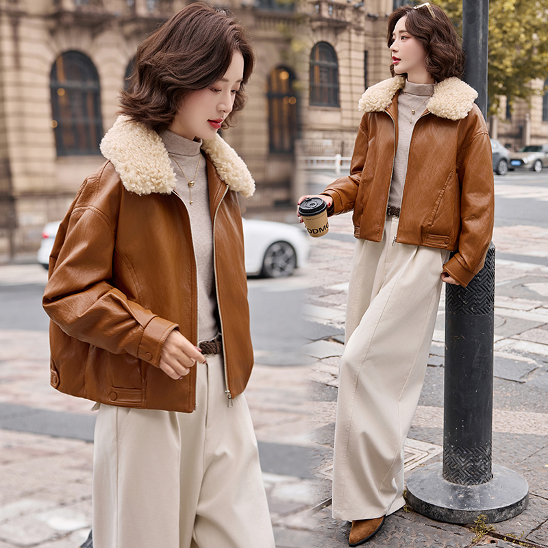 Plus velvet simple leather coat fashion winter coat