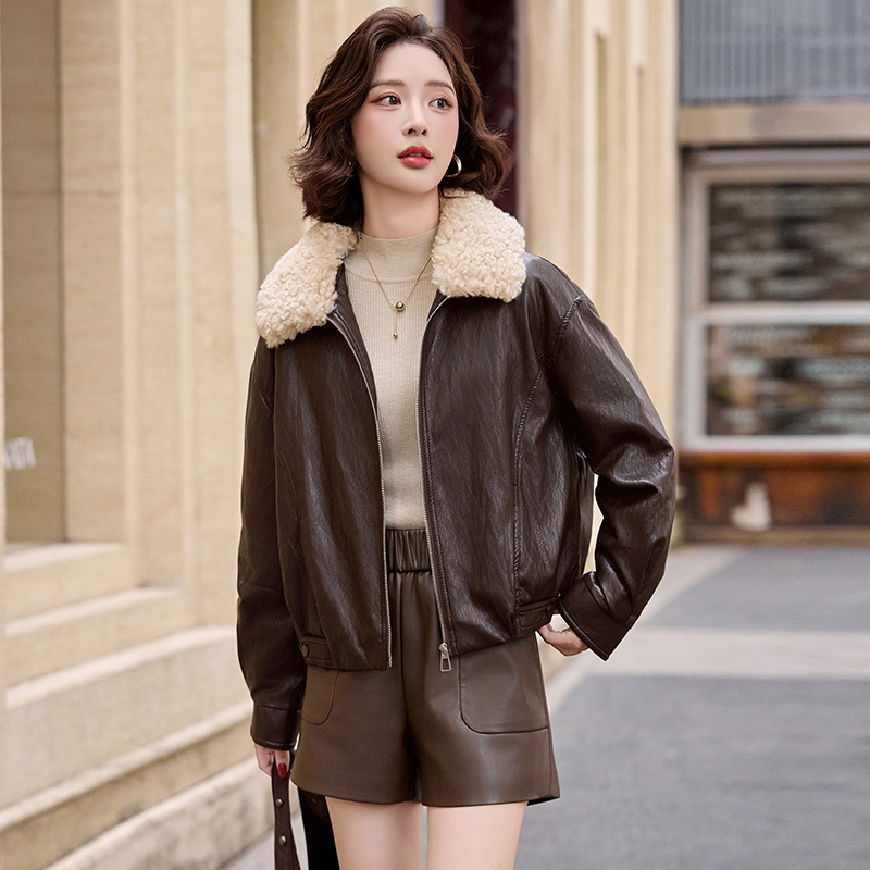 Plus velvet simple leather coat fashion winter coat