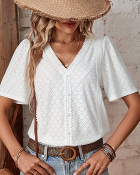 Summer lace Casual splice European style V-neck shirt