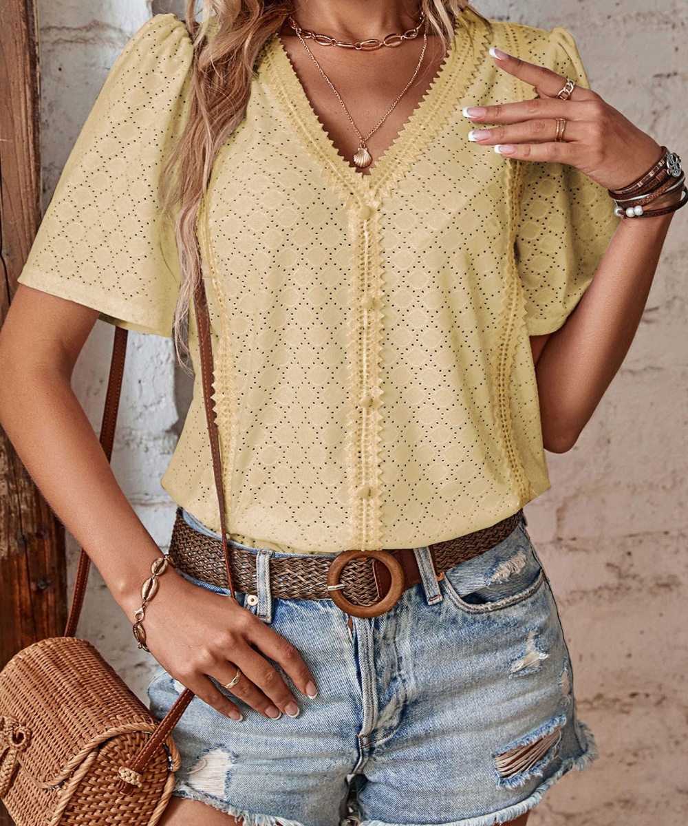 Summer lace Casual splice European style V-neck shirt