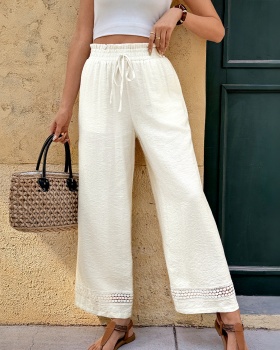 Splice elastic waist casual pants pure wide leg pants