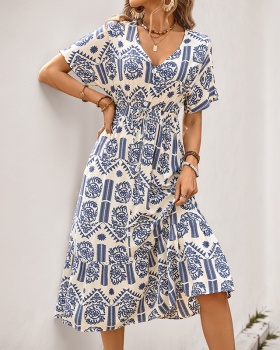 V-neck Casual national style short sleeve vacation dress