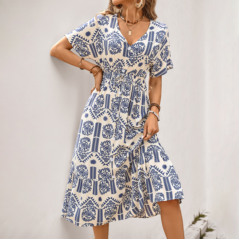 V-neck Casual national style short sleeve vacation dress