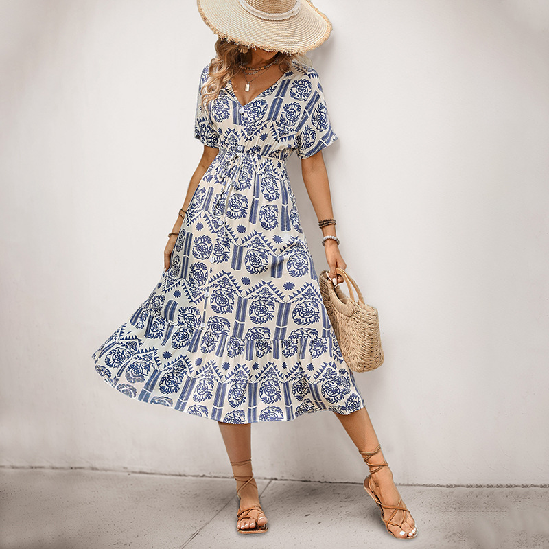 V-neck Casual national style short sleeve vacation dress