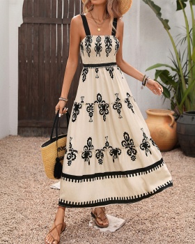 Vacation retro dress printing national style strap dress