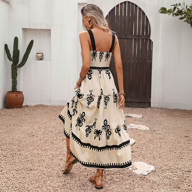 Vacation retro dress printing national style strap dress