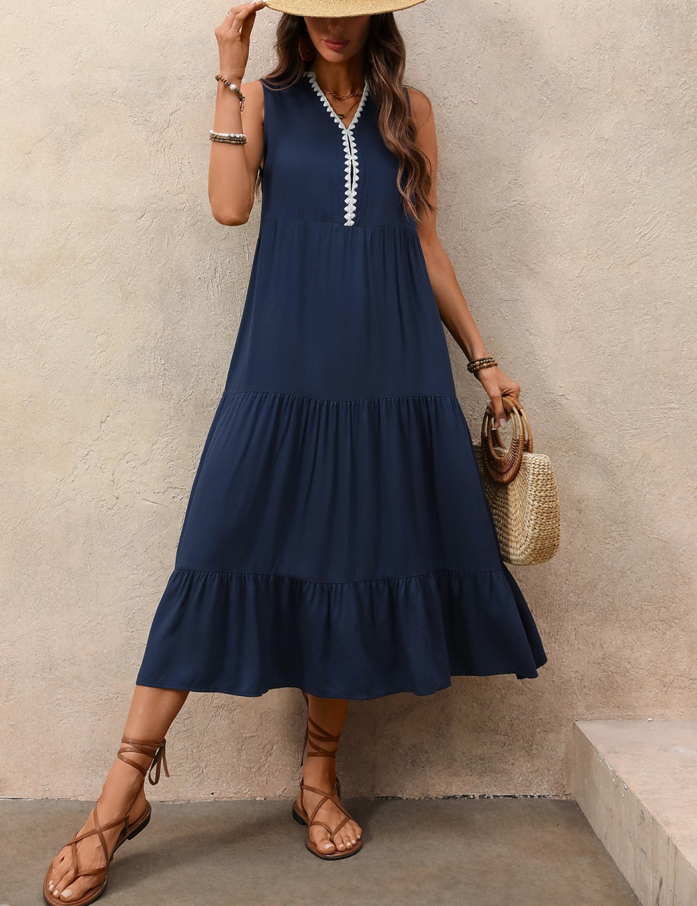 V-neck mixed colors long dress sleeveless dress