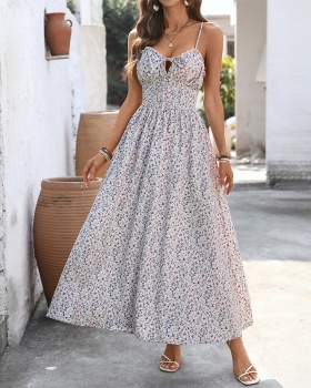 Summer vacation floral strap dress pinched waist sweet dress