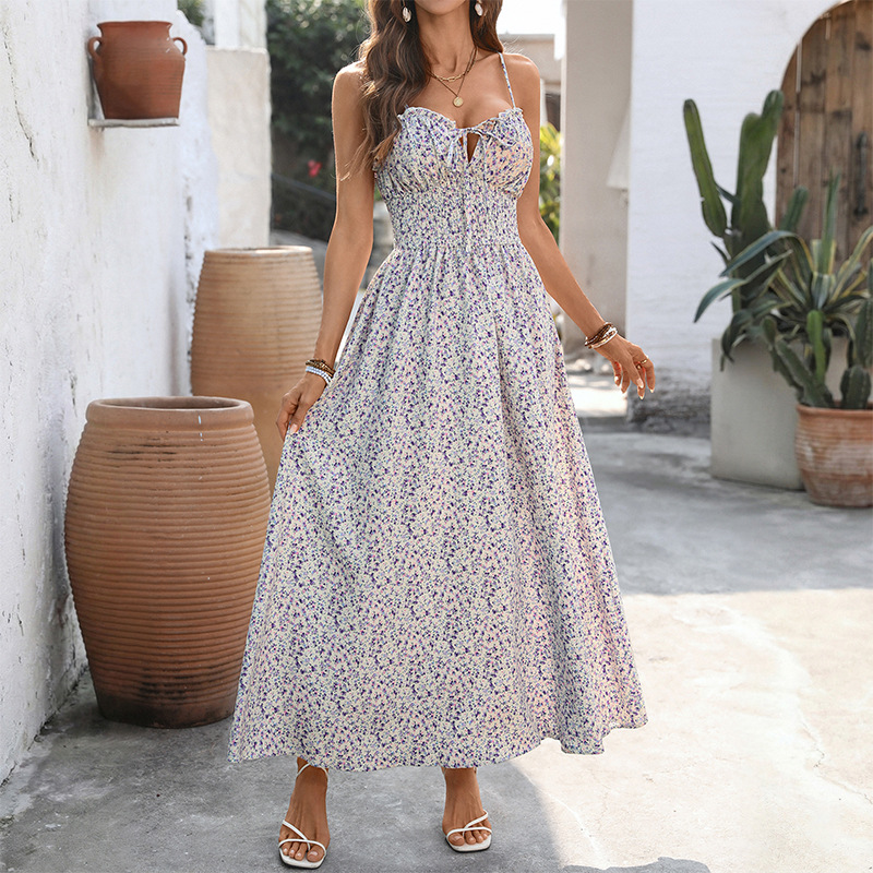 Summer vacation floral strap dress pinched waist sweet dress
