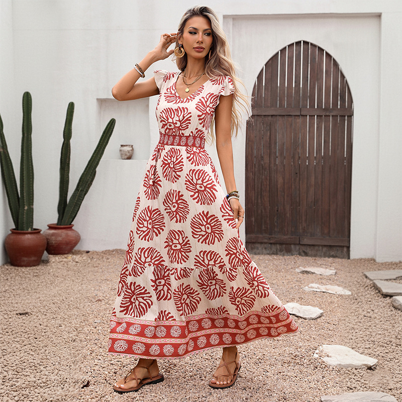 Pinched waist printing retro summer geometry dress