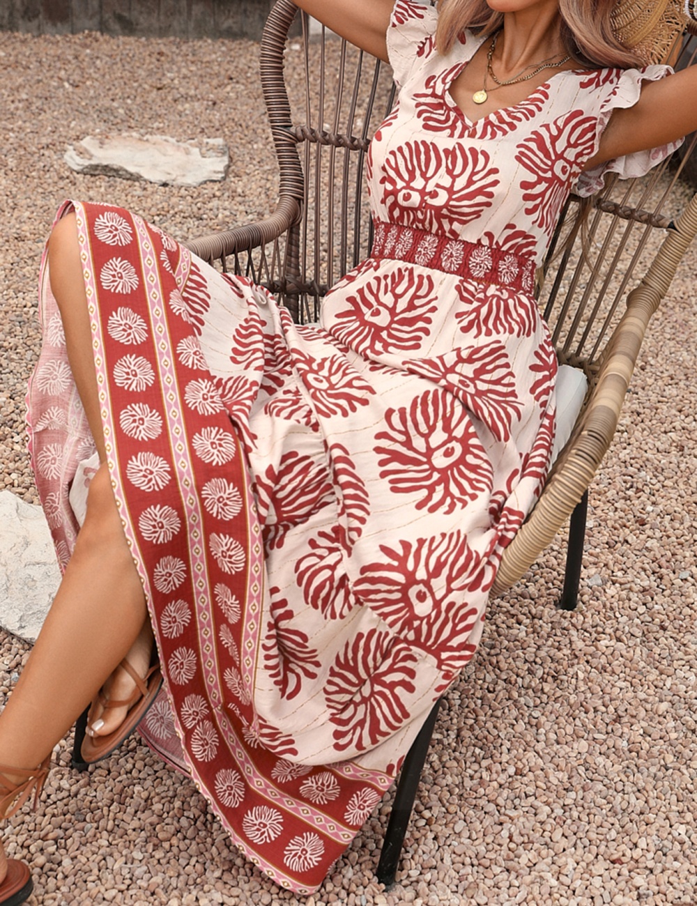 Pinched waist printing retro summer geometry dress