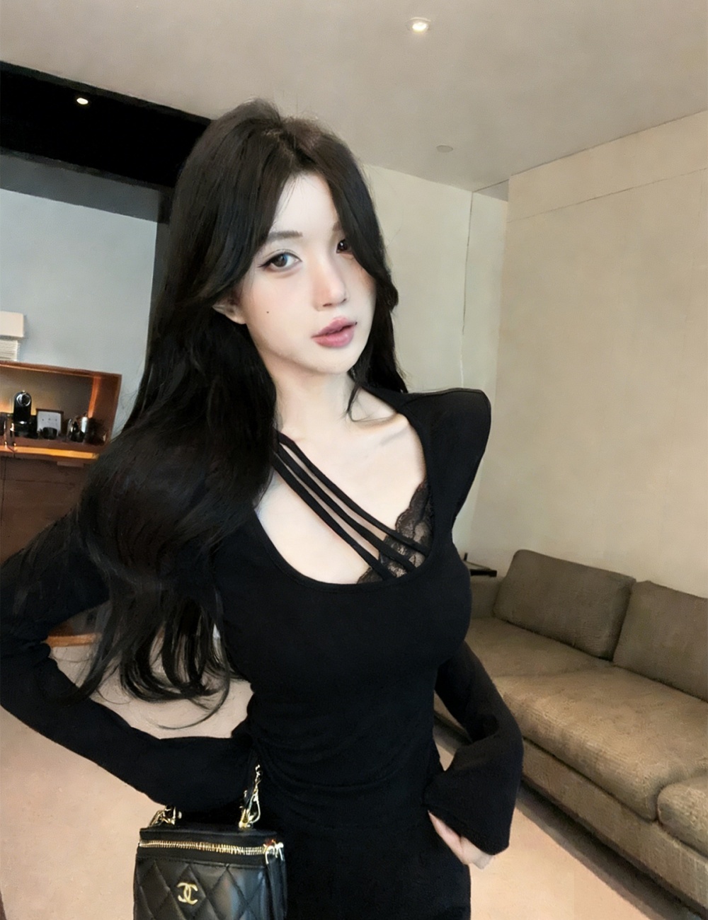 Enticement sexy long sleeve lace T-shirt