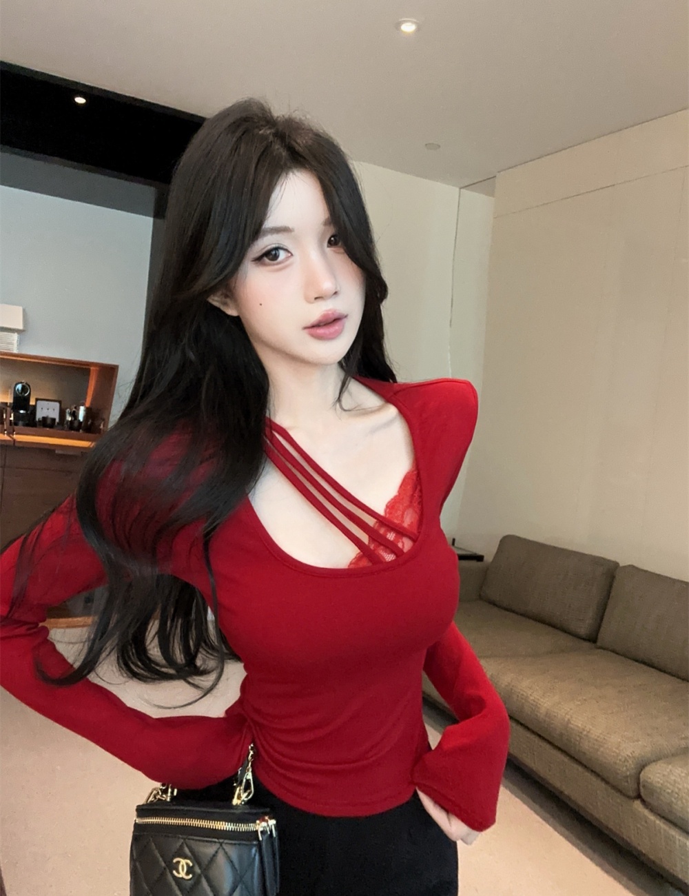 Enticement sexy long sleeve lace T-shirt