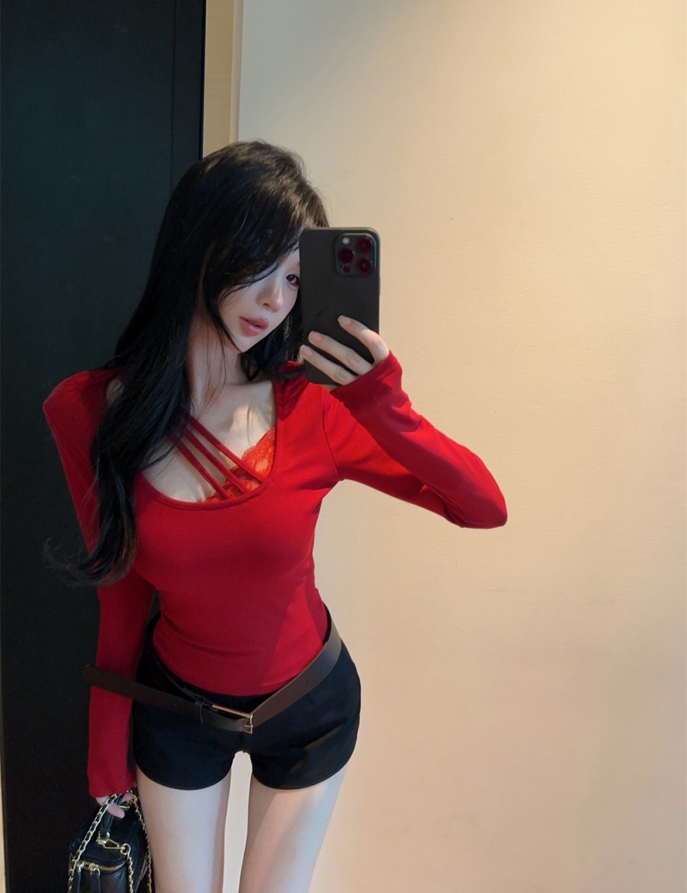 Enticement sexy long sleeve lace T-shirt