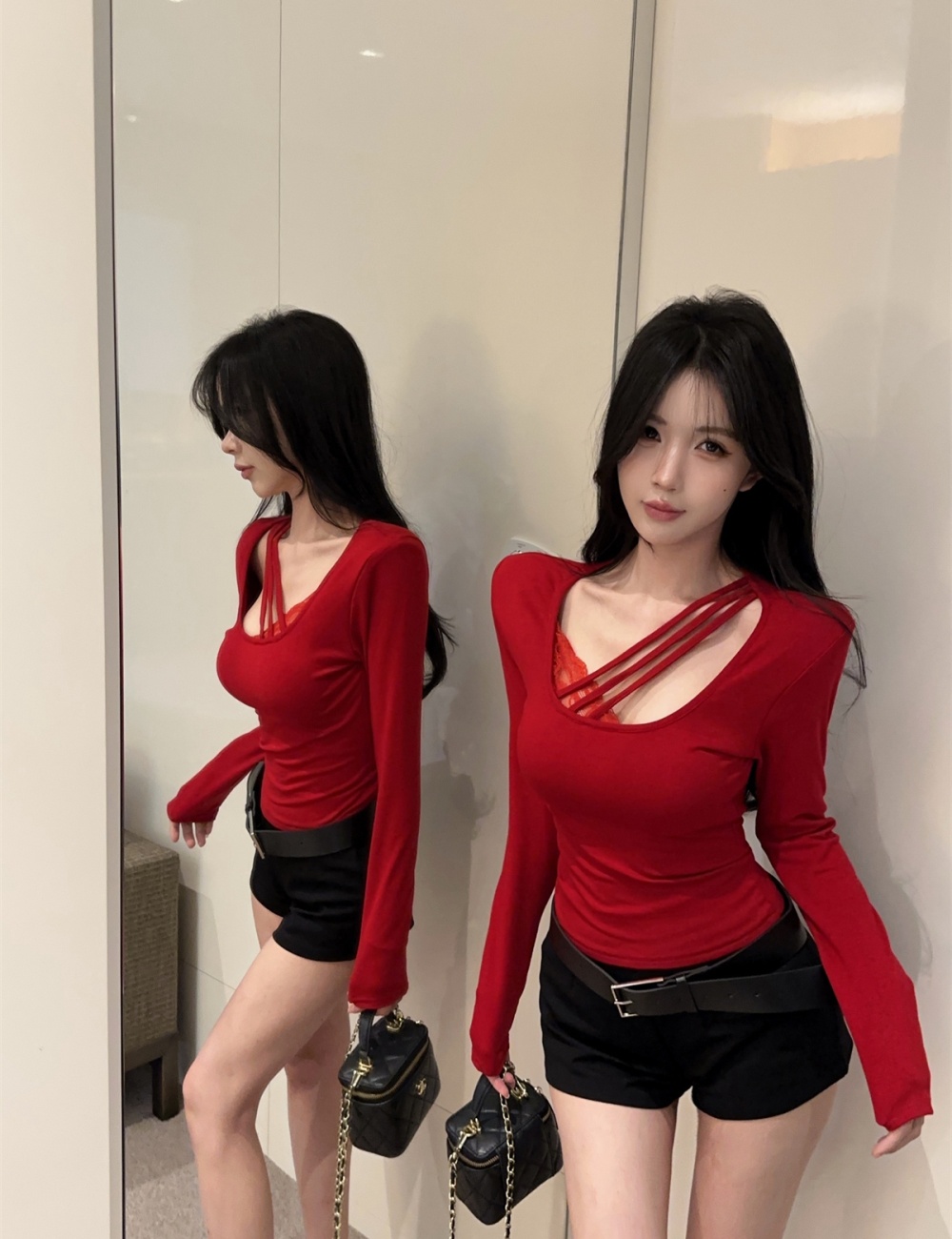 Enticement sexy long sleeve lace T-shirt