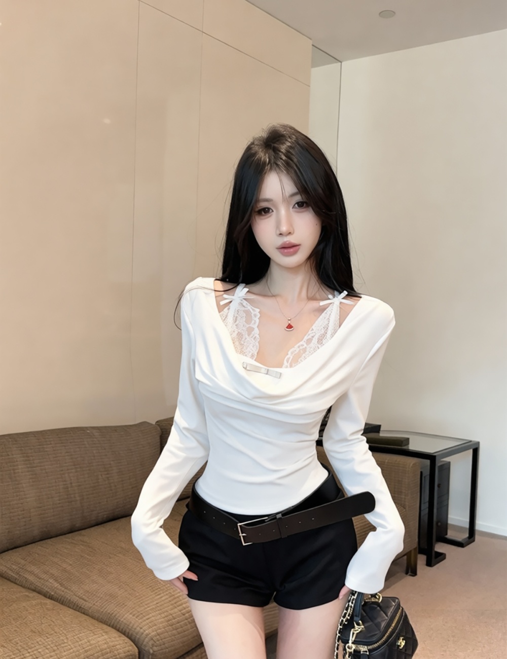 Pseudo-two enticement strapless lace splice tops