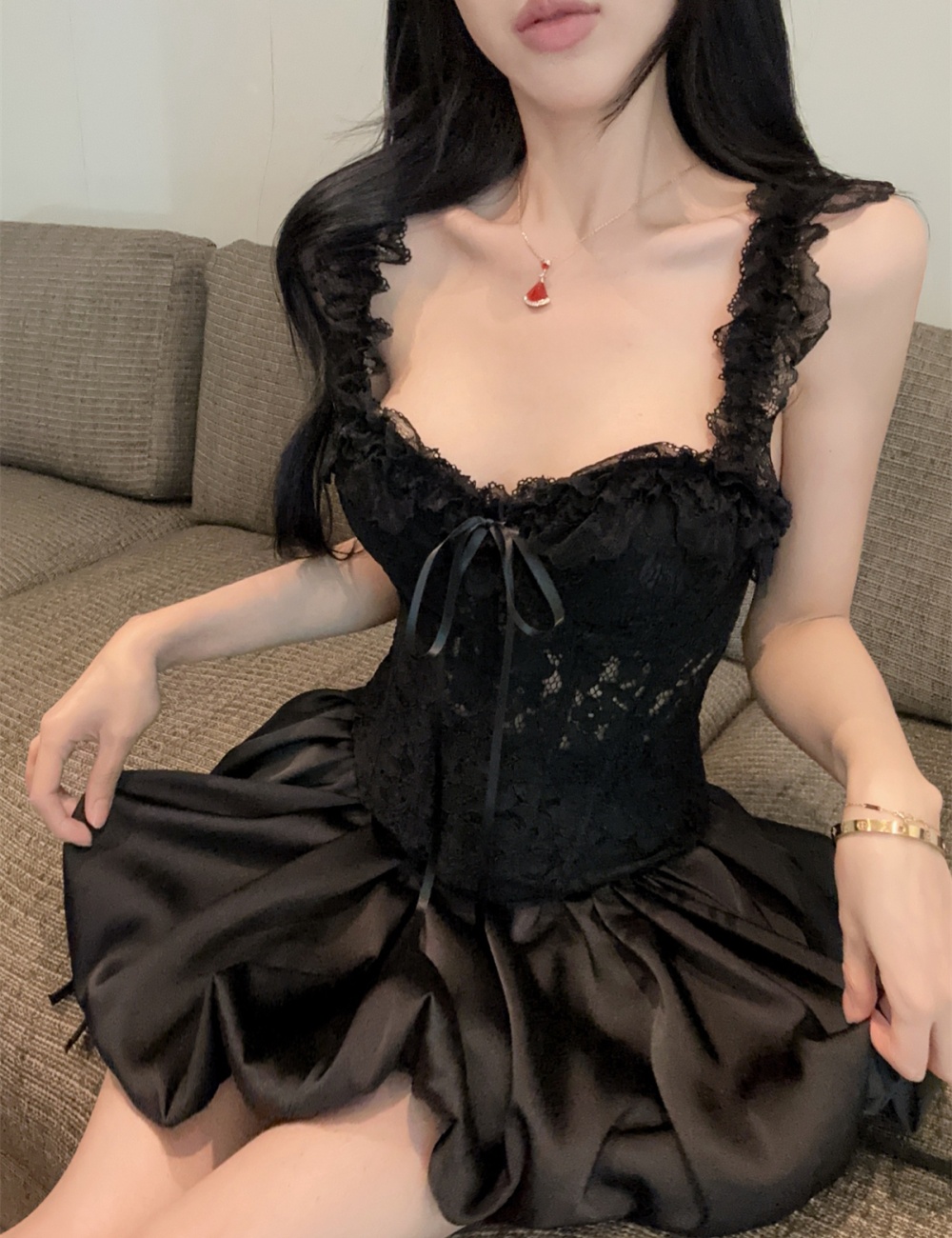 Splice sling bud skirt clipping lace tops a set