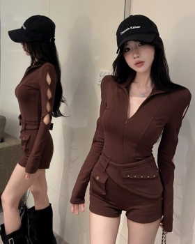 Personality slit zip jumpsuit cuff fashion shorts for women