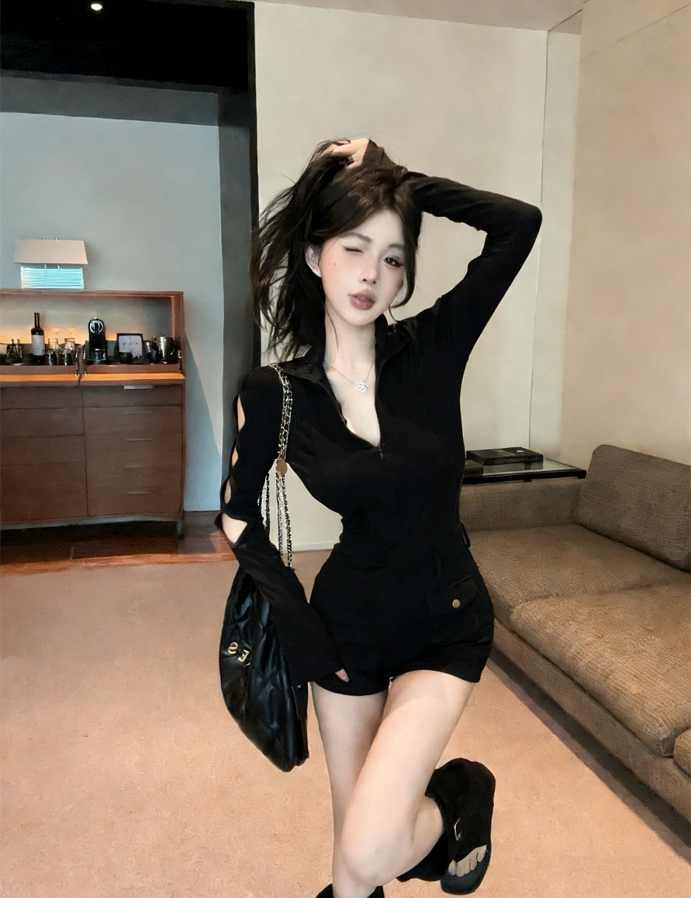 Personality slit zip jumpsuit cuff fashion shorts for women