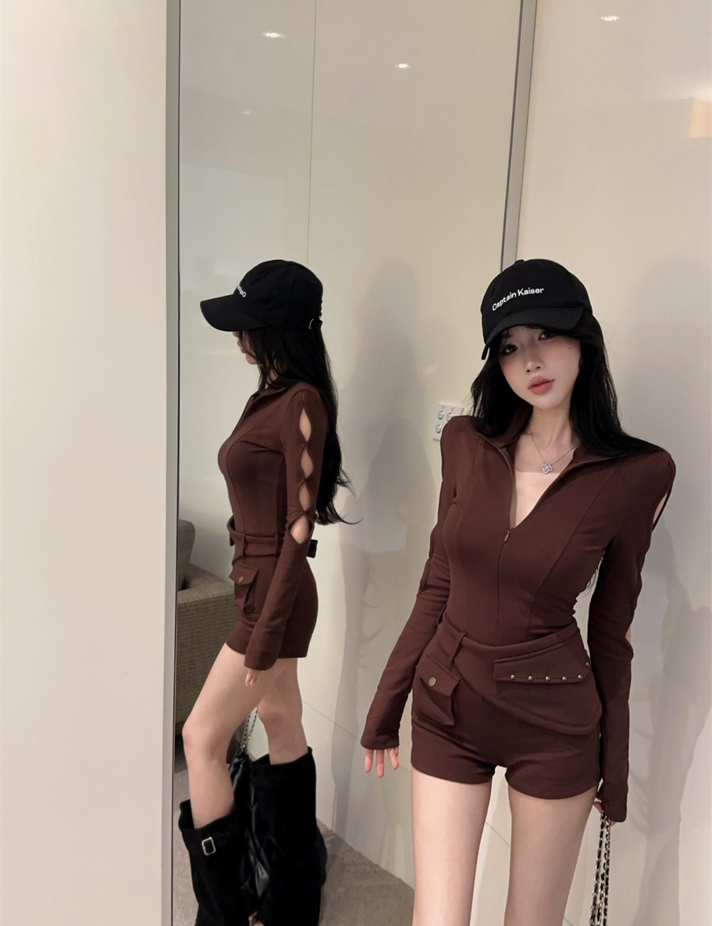 Personality slit zip jumpsuit cuff fashion shorts for women
