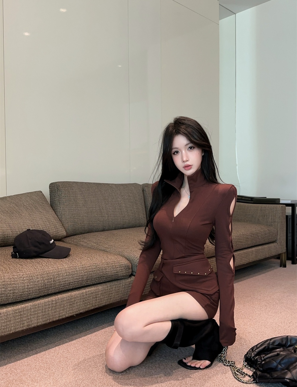 Personality slit zip jumpsuit cuff fashion shorts for women