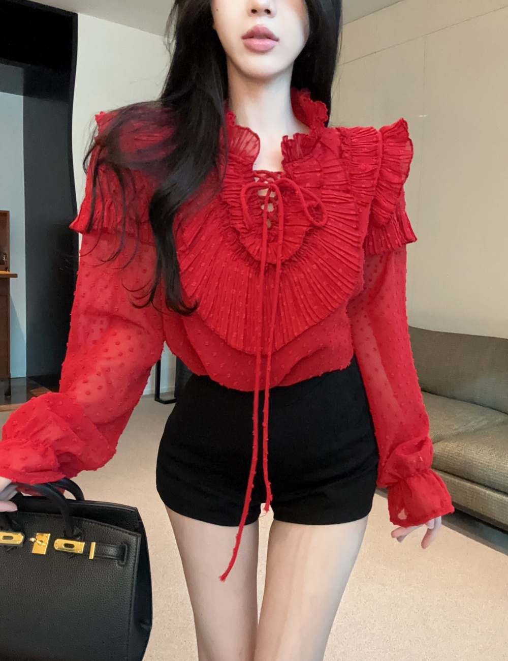 Fashion lotus leaf edges shirt frenum show young shorts a set