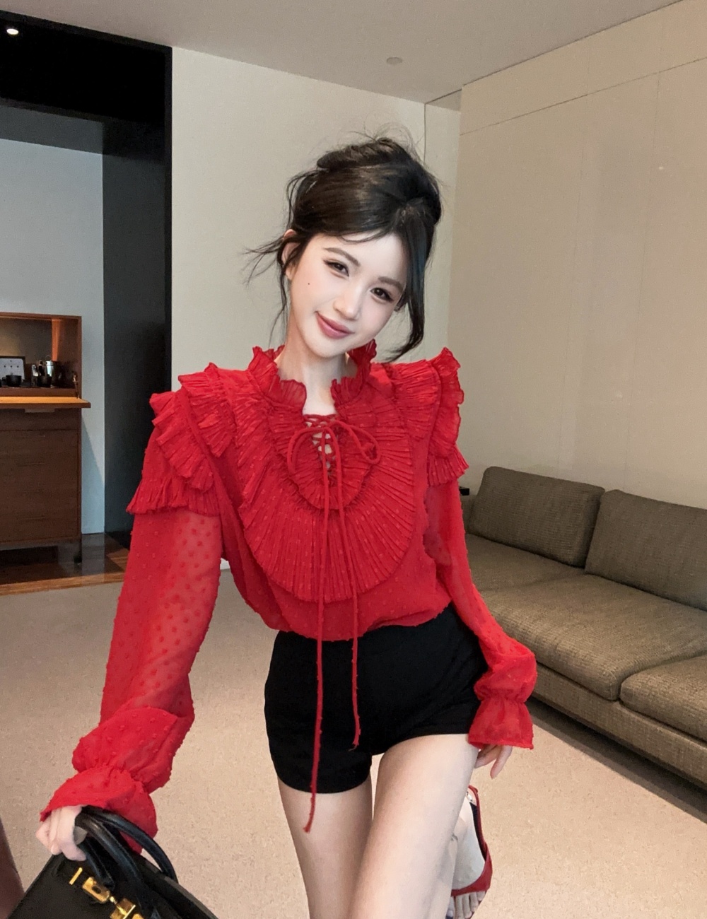 Fashion lotus leaf edges shirt frenum show young shorts a set