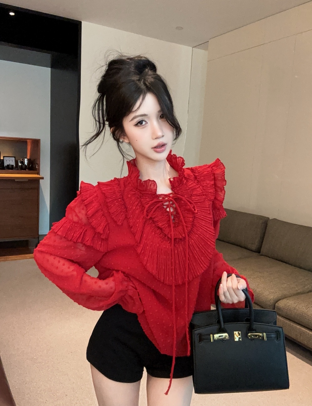 Fashion lotus leaf edges shirt frenum show young shorts a set