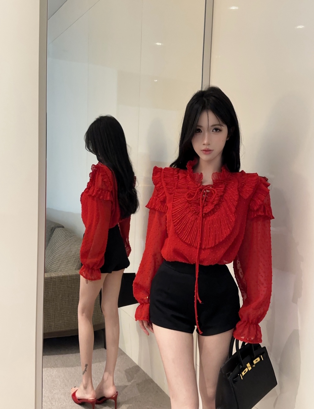 Fashion lotus leaf edges shirt frenum show young shorts a set