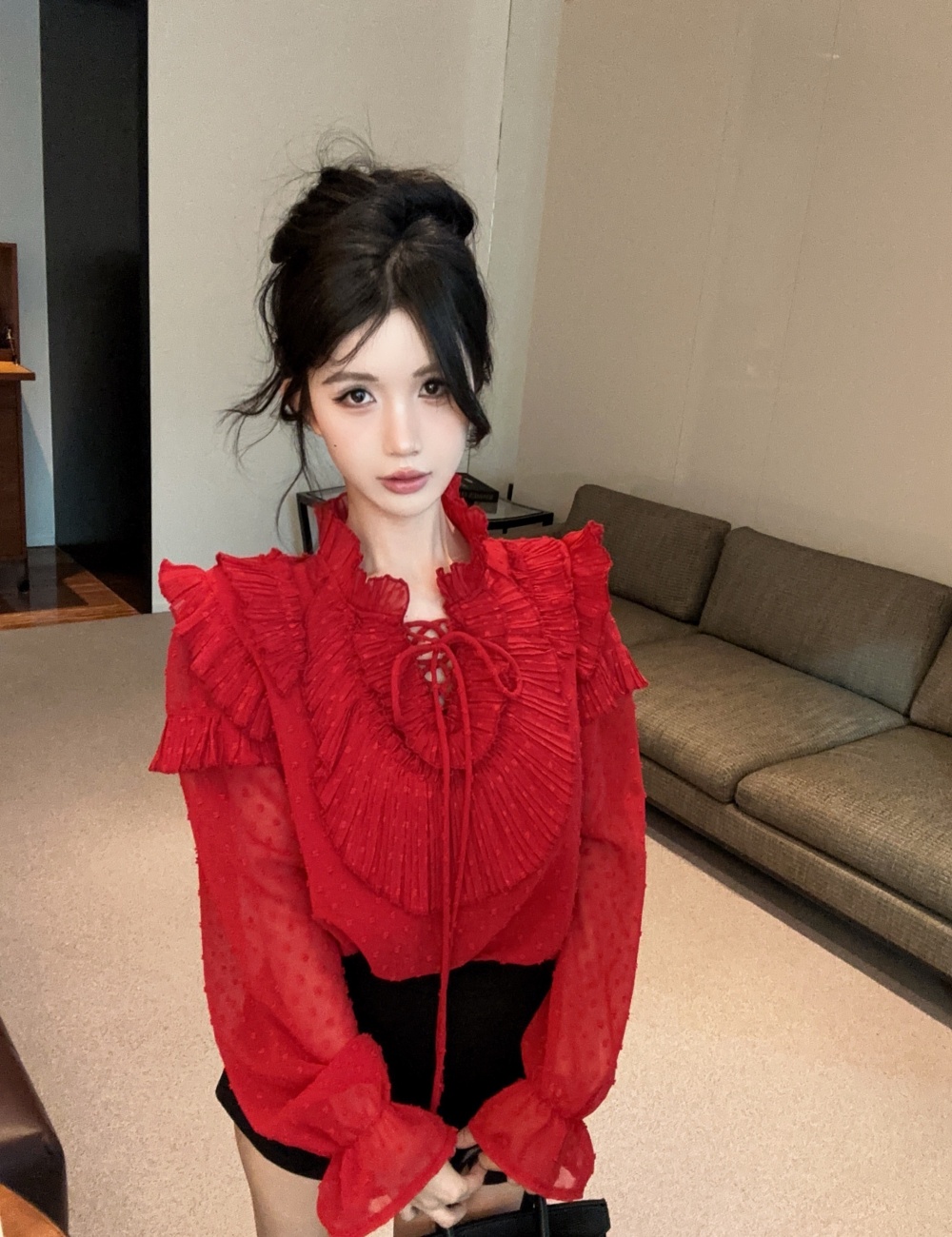 Fashion lotus leaf edges shirt frenum show young shorts a set