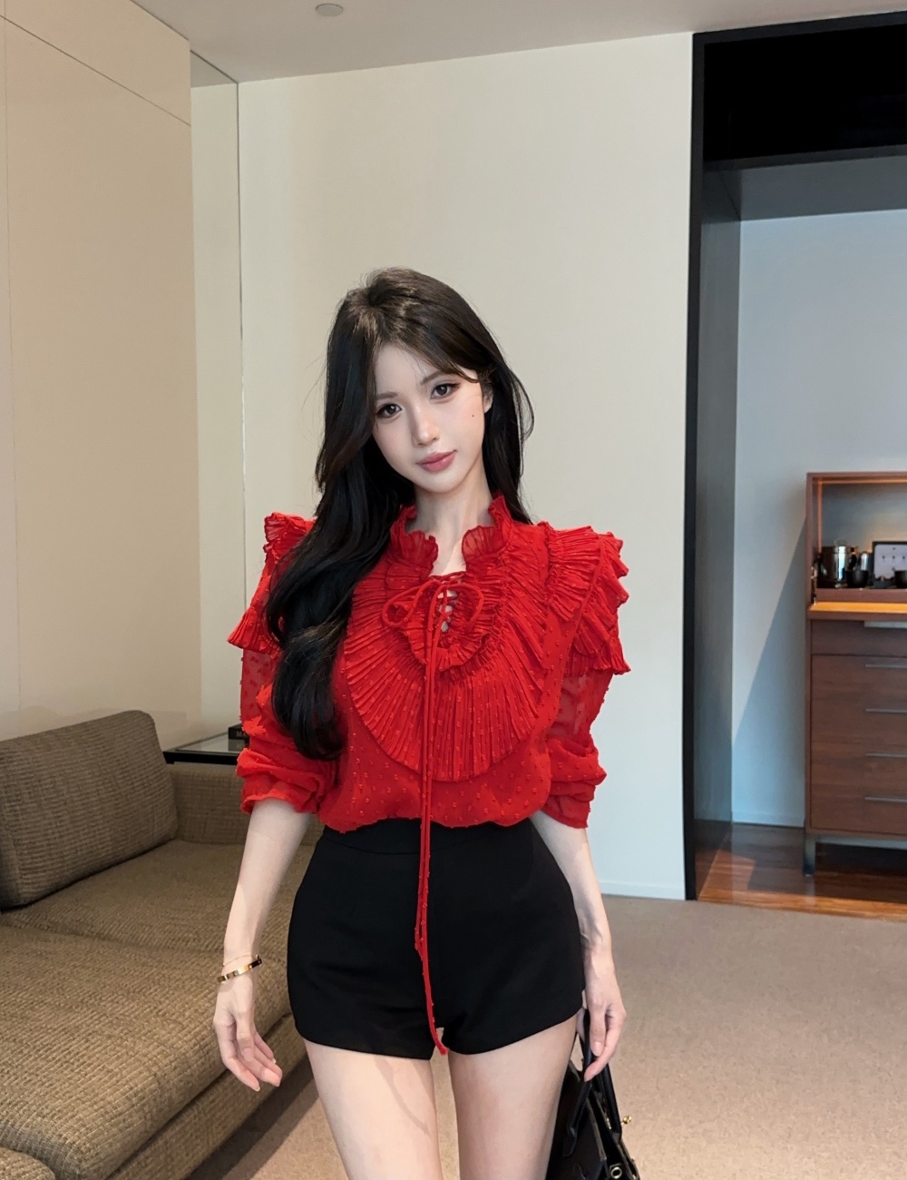 Fashion lotus leaf edges shirt frenum show young shorts a set