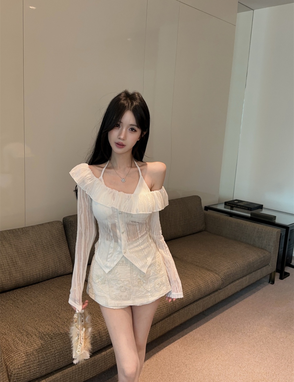 Lotus leaf edges vest sling tops 2pcs set for women