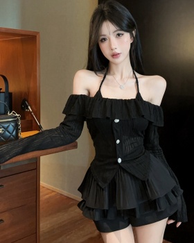 Halter sling tops lotus leaf edges skirt 2pcs set