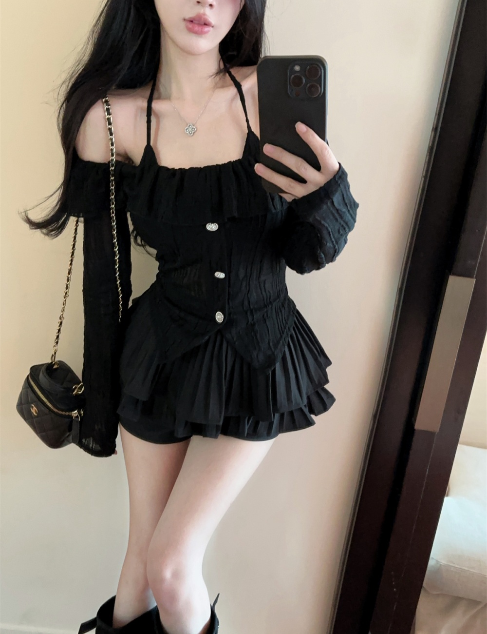 Halter sling tops lotus leaf edges skirt 2pcs set