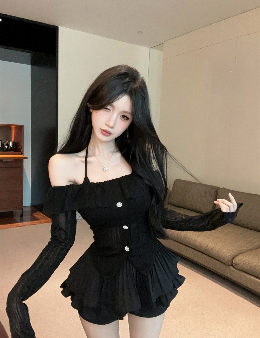 Halter sling tops lotus leaf edges skirt 2pcs set