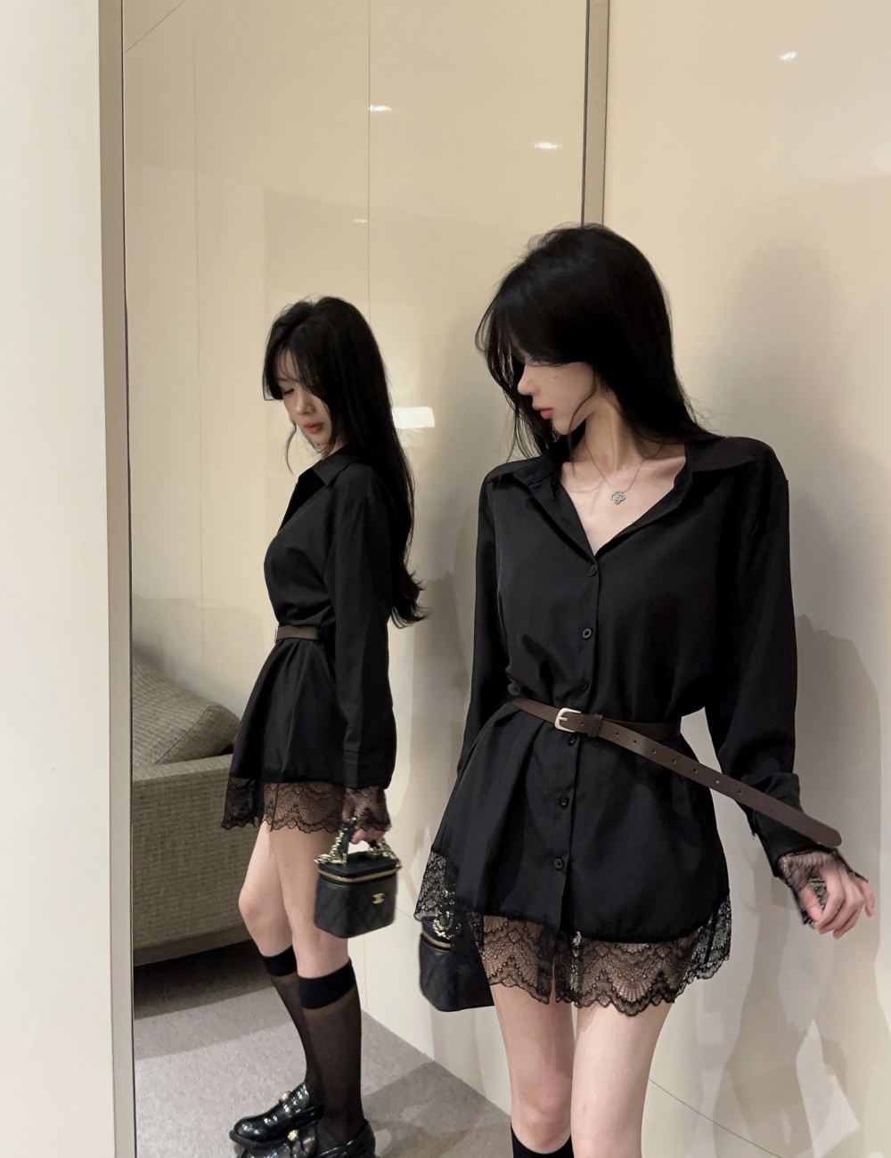 Lace spring shirt splice with belt dress for women