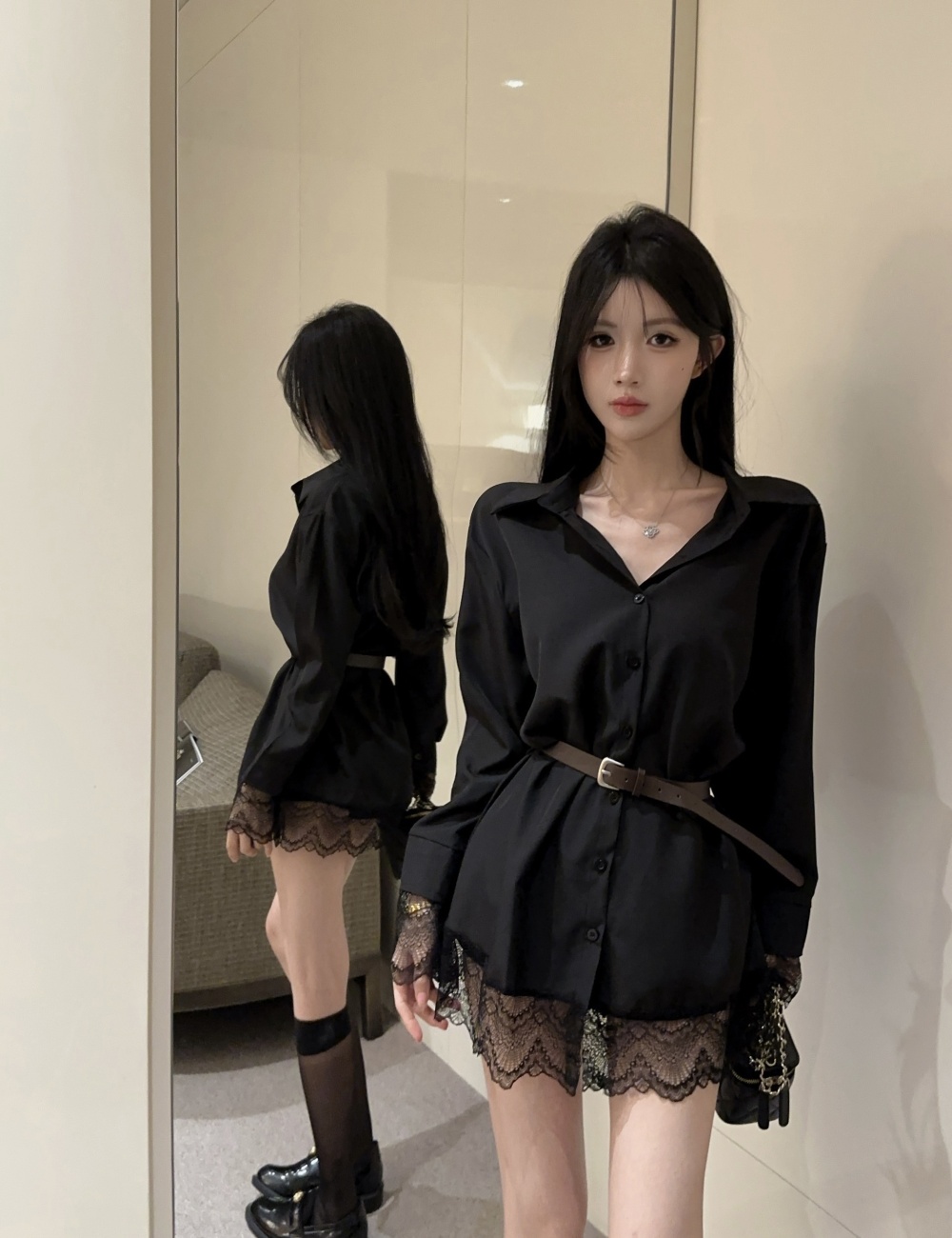 Lace spring shirt splice with belt dress for women